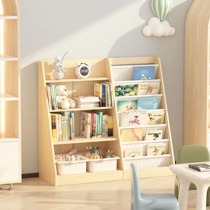 Hironpal Large 6 Layer Sling Kids Bookshelf, 4 Tier Wooden Children Toy Organizer Cabinet for Playroom Nursery Classroom Library