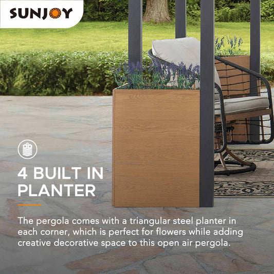 Sunjoy Pergola 10 x 12 ft. Outdoor Black Steel Frame Pergolas with Planters