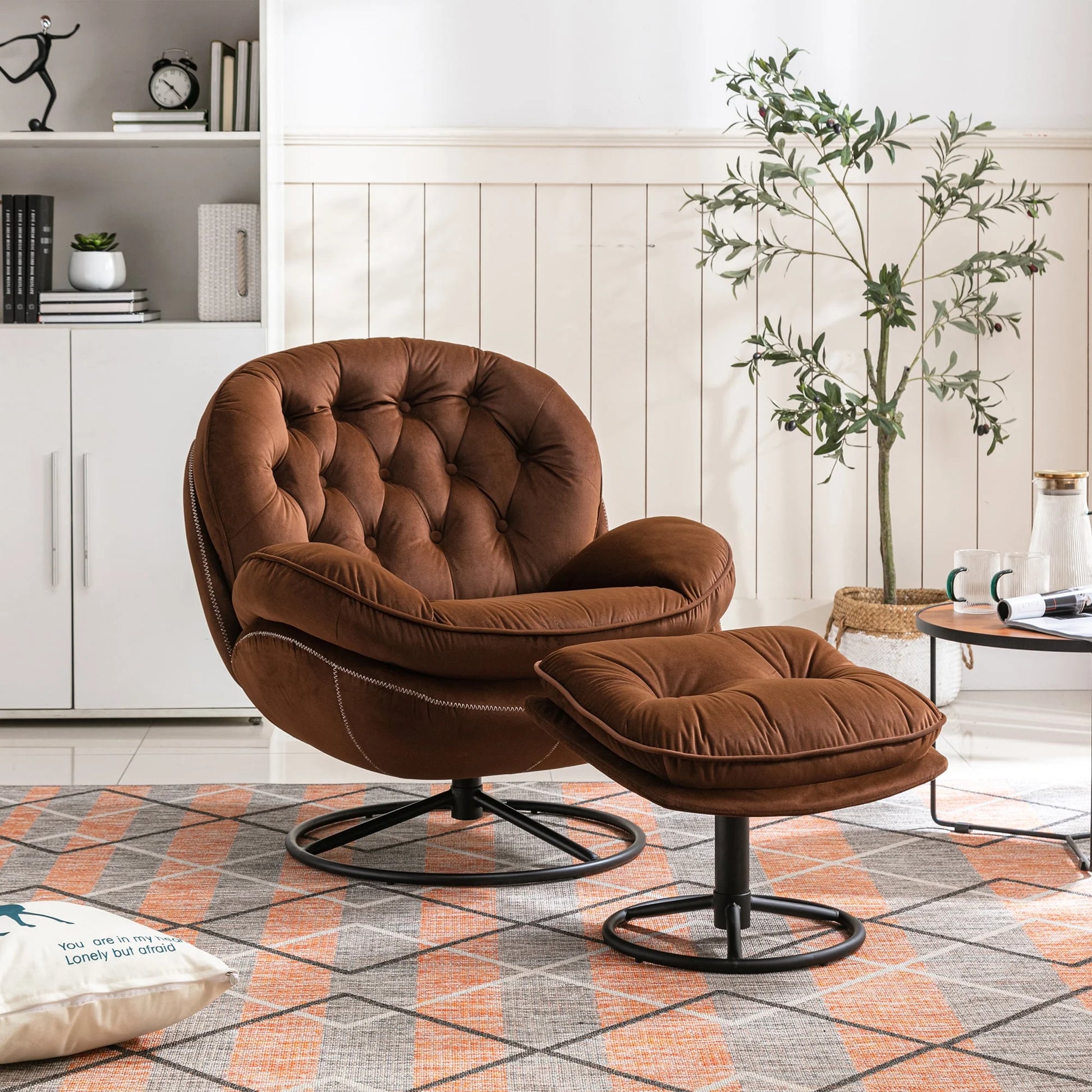 Swivel Accent Chair with Ottoman, Velvet Accent chair with Footrest, Mid-Century Modern Lounge Chair and Ottoman Set, Reading Chair for Living Room, Bedroom, Reading Room, Home Office, Blue
