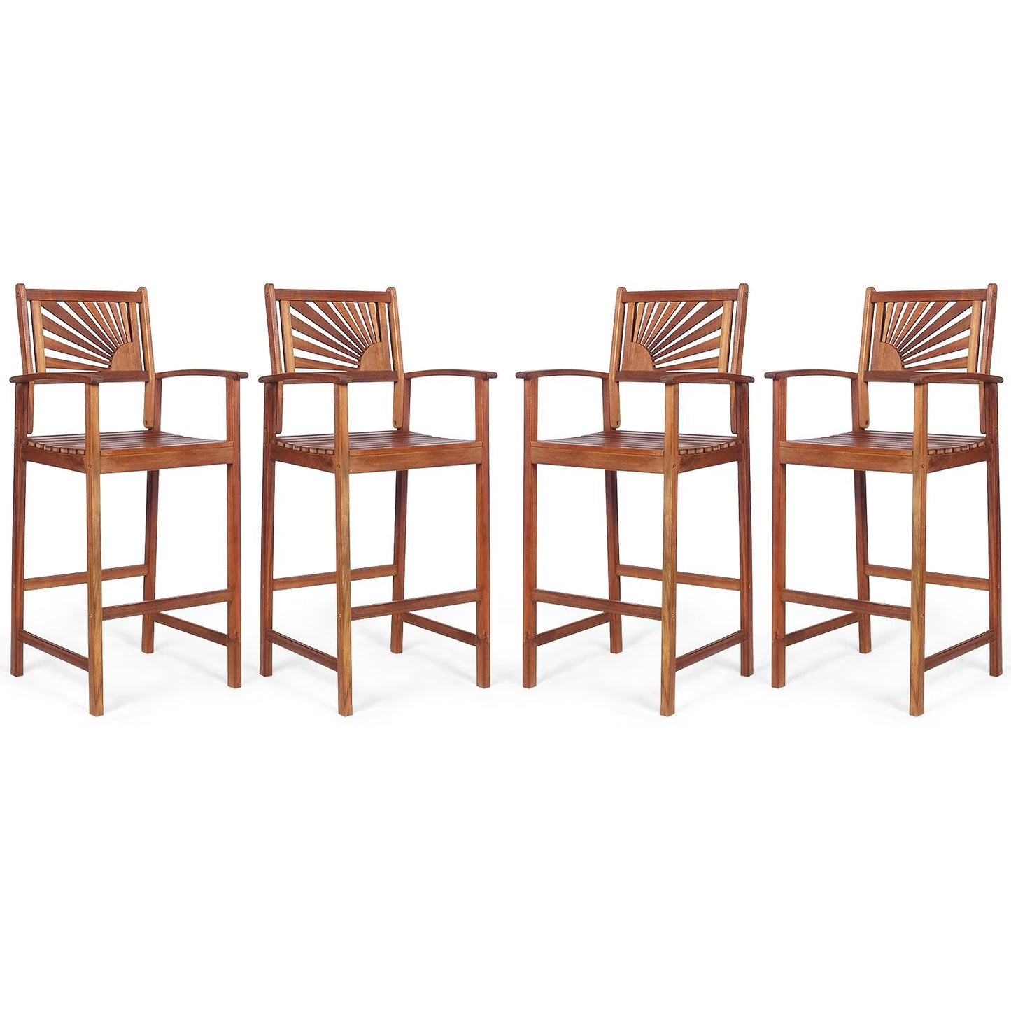 Giantex Patio Bar Stools Set of 4, Outdoor Acacia Wood Bar Chairs with Sunflower Backrest, Curved Armrests & Breathable Seat, Ideal for Balcony, Sunroom, Patio, Easy Assembly