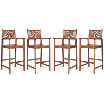 Giantex Patio Bar Stools Set of 4, Outdoor Acacia Wood Bar Chairs with Sunflower Backrest, Curved Armrests & Breathable Seat, Ideal for Balcony, Sunroom, Patio, Easy Assembly