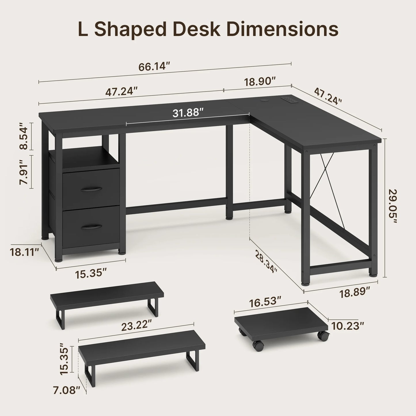 66" L Shaped Computer Desk with Power Outlets, Gaming Desk with Shelf and Drawers for Home Office, Black