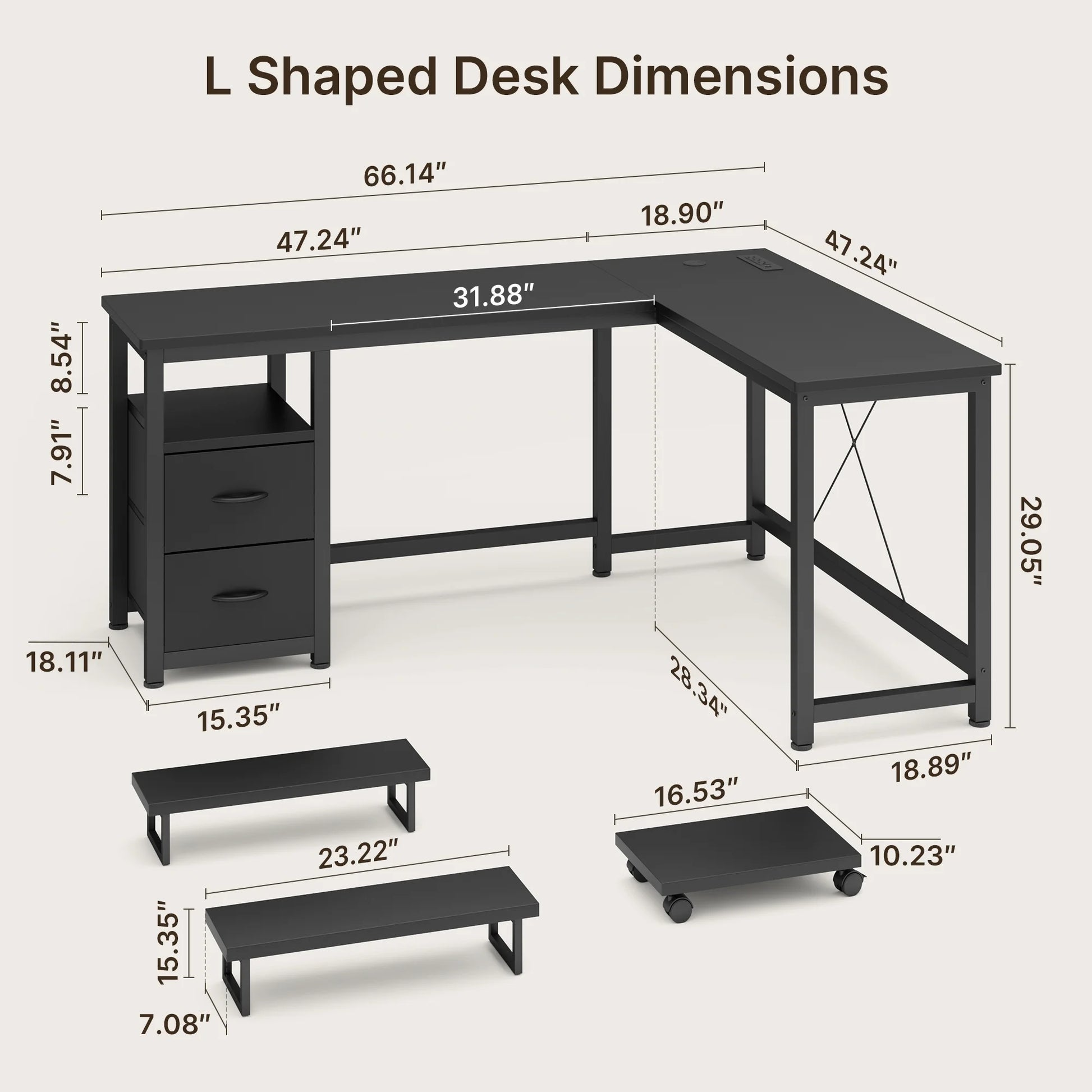 66" L Shaped Computer Desk with Power Outlets, Gaming Desk with Shelf and Drawers for Home Office, Black