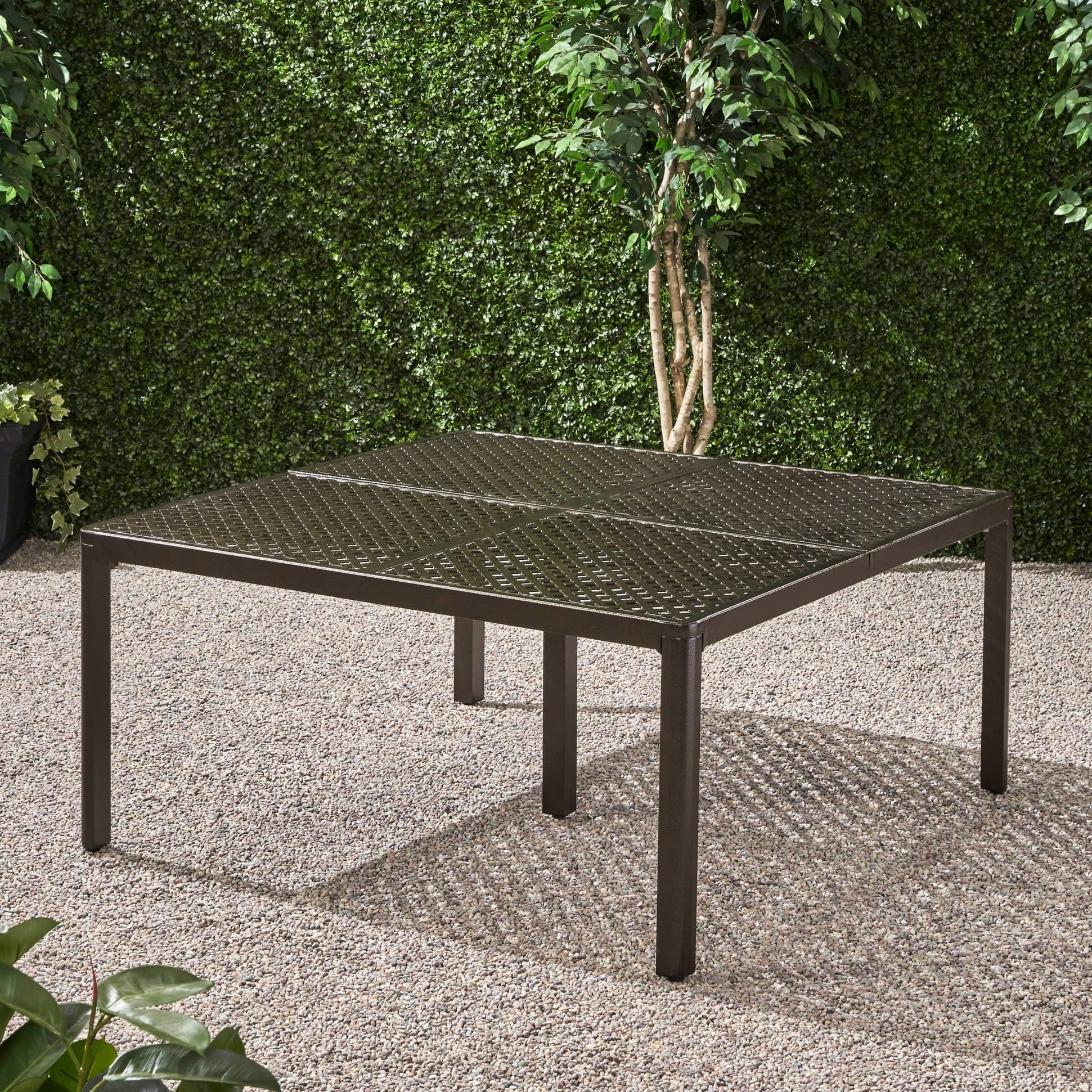 Modern Aluminum Dining Table, 61.25" Square, Gloss Black With Woven Accents, Rust , 8 Seats Poolside Area 62" Outdoor