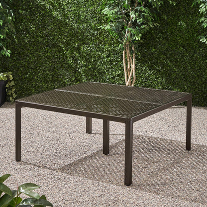 Modern Aluminum Dining Table, 61.25" Square, Gloss Black With Woven Accents, Rust , 8 Seats Poolside Area 62" Outdoor