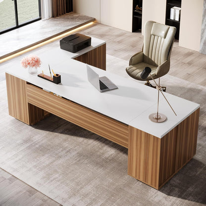 Tribesigns 85.8" L-Shaped Executive Desk, Extra Large Office Desk with File Drawers, Modern Business Furniture with Door Cabinet, Shelves for Home Office, White & Brown