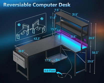 Gaming Desk with Power Outlets & LED Lights, 43 Inch Reversible L Shaped Computer Desk with Shelves & Storage Bag, Corner Desk for Home Office, Black