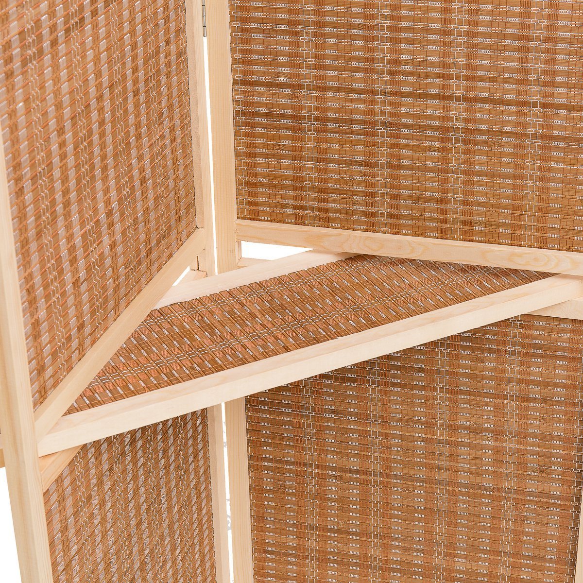 THY COLLECTIBLES Freestanding Wood Frame Woven Bamboo 4 Panels Hinged Privacy Panel Screen Partition Wall With 2 Display Shelves Holding Room Divider With Shelves-Bamboo (Brown)