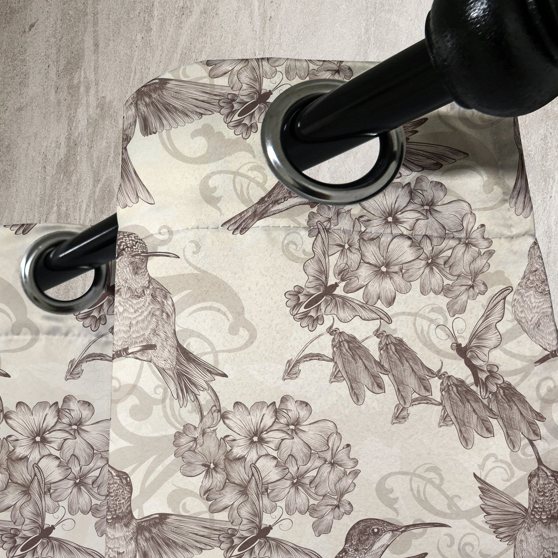 Hummingbirds Grommet Curtain, Birds and Flowers Monochromic Classical Design Nostalgia Ornate, Decorative 2-Panel Window Drapes for Bedroom Living Room, 50" x 120", Cream Beige Brown, by Ambesonne
