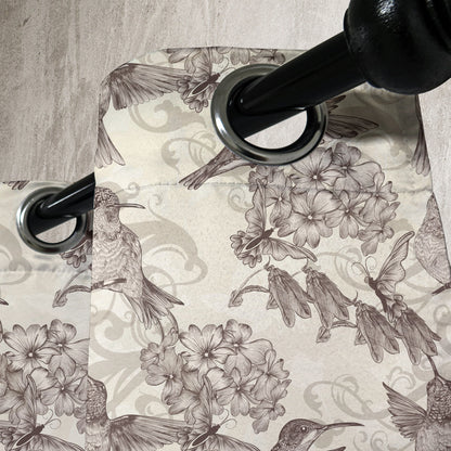 Hummingbirds Grommet Curtain, Birds and Flowers Monochromic Classical Design Nostalgia Ornate, Decorative 2-Panel Window Drapes for Bedroom Living Room, 50" x 120", Cream Beige Brown, by Ambesonne