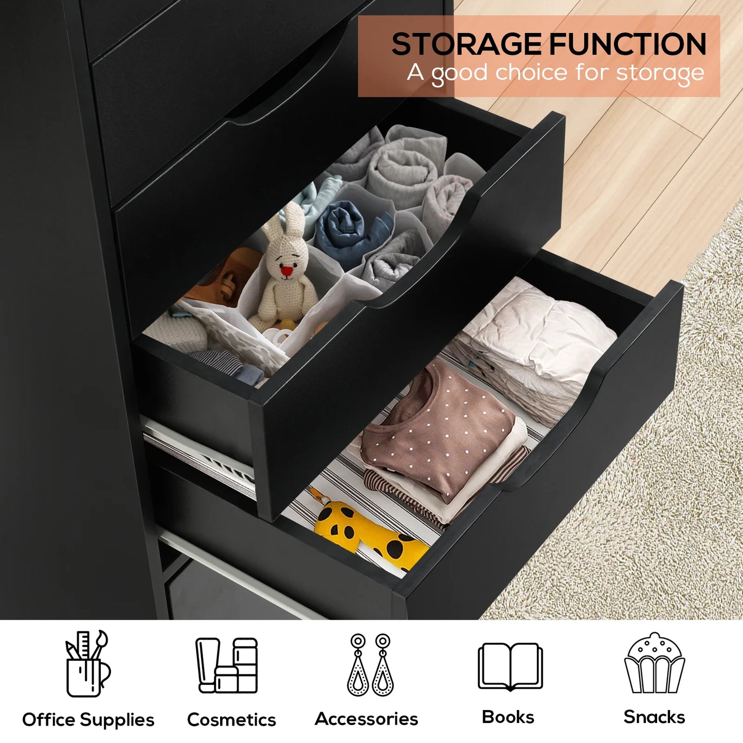 RichYa 5-Drawer Dresser with Caster Wheels, Chest of Drawers with Bottom Cabinet Storage,Storage Cabinet for Bedroom,Home Office (White)