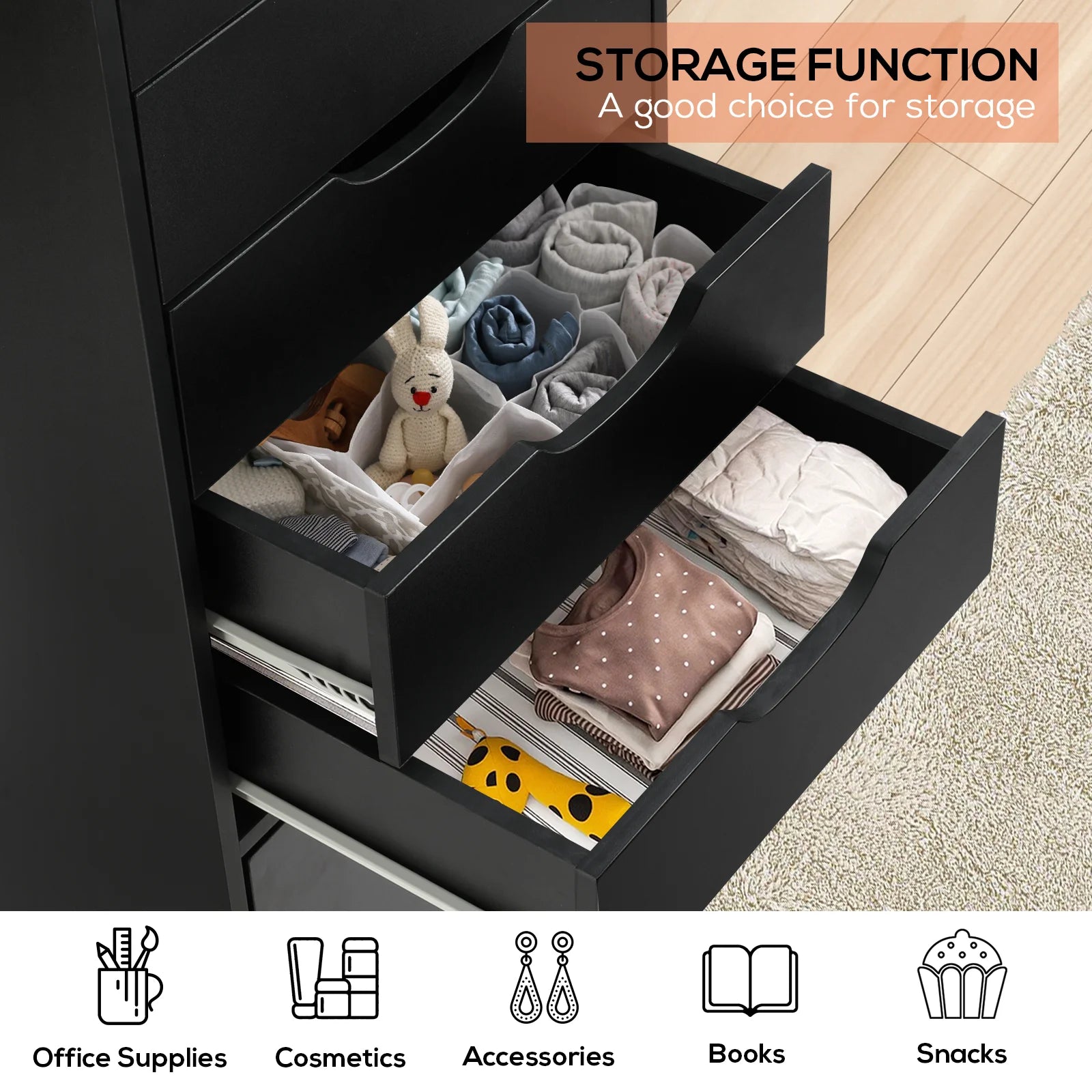 RichYa 5-Drawer Dresser with Caster Wheels, Chest of Drawers with Bottom Cabinet Storage,Storage Cabinet for Bedroom,Home Office (White)