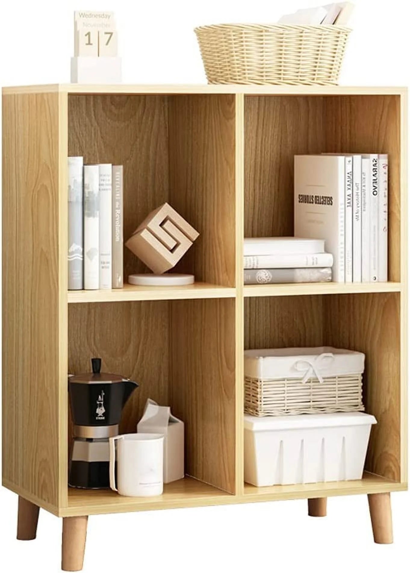 Freestanding Open Cubes Bookcase - 2-Tier Floor Standing Wooden Storage Display Cabinet Organizer with Legs for Home Office, 4-Cubes Open Shelf Low Short Bookshelf, Walnut