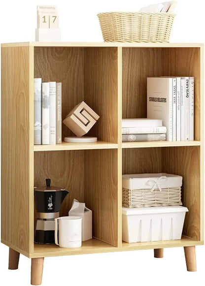 Freestanding Open Cubes Bookcase - 2-Tier Floor Standing Wooden Storage Display Cabinet Organizer with Legs for Home Office, 4-Cubes Open Shelf Low Short Bookshelf, Walnut
