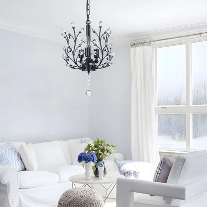 FINE MAKER 18-inch branch flower-shaped crystal chandelier, 3-head living room chandelier, bedroom study lighting fixture (black)