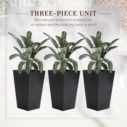 Outsunny Set of 3 Tall Planters with Drainage Hole, Outdoor Flower Plant Pots, Indoor Planters for Porch, Front Door, Entryway, Patio and Deck, Black
