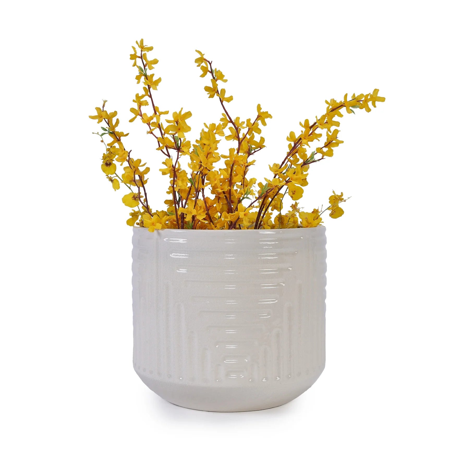 Modern Ceramic Flowerpot with Drainage Hole - Frost/Heat Resistant All-Weather Planter for Patio, Garden & Windowsill - White Glossy Finish, Ready-to-Use