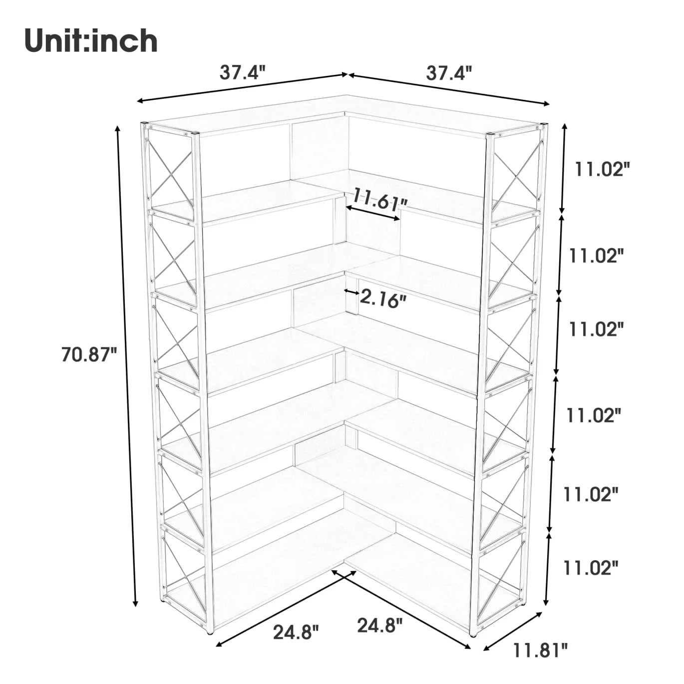 7-Tier Bookcase, L-Shaped Corner Bookcase, Tall Bookshelf with Metal Frame, Industrial Style Shelf with Open Storage, Bookshelf for Home Office Living Room and Bedroom, Gold+White