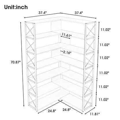 7-Tier Bookcase, L-Shaped Corner Bookcase, Tall Bookshelf with Metal Frame, Industrial Style Shelf with Open Storage, Bookshelf for Home Office Living Room and Bedroom, Gold+White