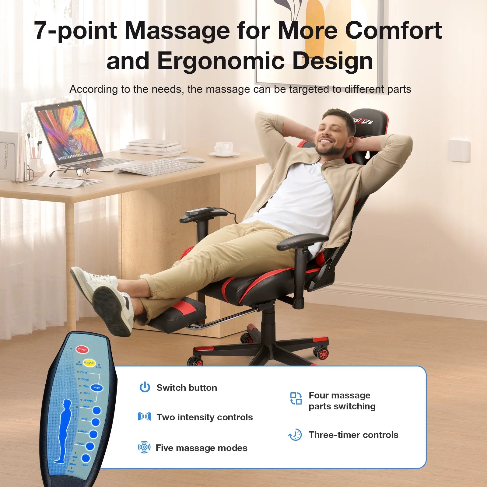 Douxlife 7-Point Massage Gaming Chair with Footrest, 175° Reclining, Ergonomic Racing High Back Home Office Computer Chair, Video Game Chair for Adults Kids