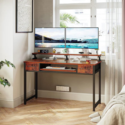 48 inch Computer Desk with Keyboard Tray, Modern Home Office Desk with Shelf & Drawers, Study Desk for Student, Rustic Brown