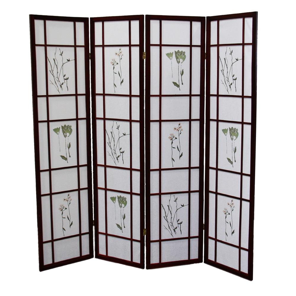 4 Panel Floral Shoji Screen, Room Divider