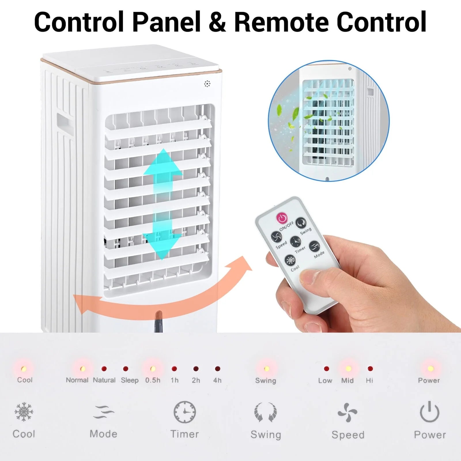 Vebreda Air Cooler Portable Evaporative Air Cooler Fan with Remote Control Casters Suitable for Home Office