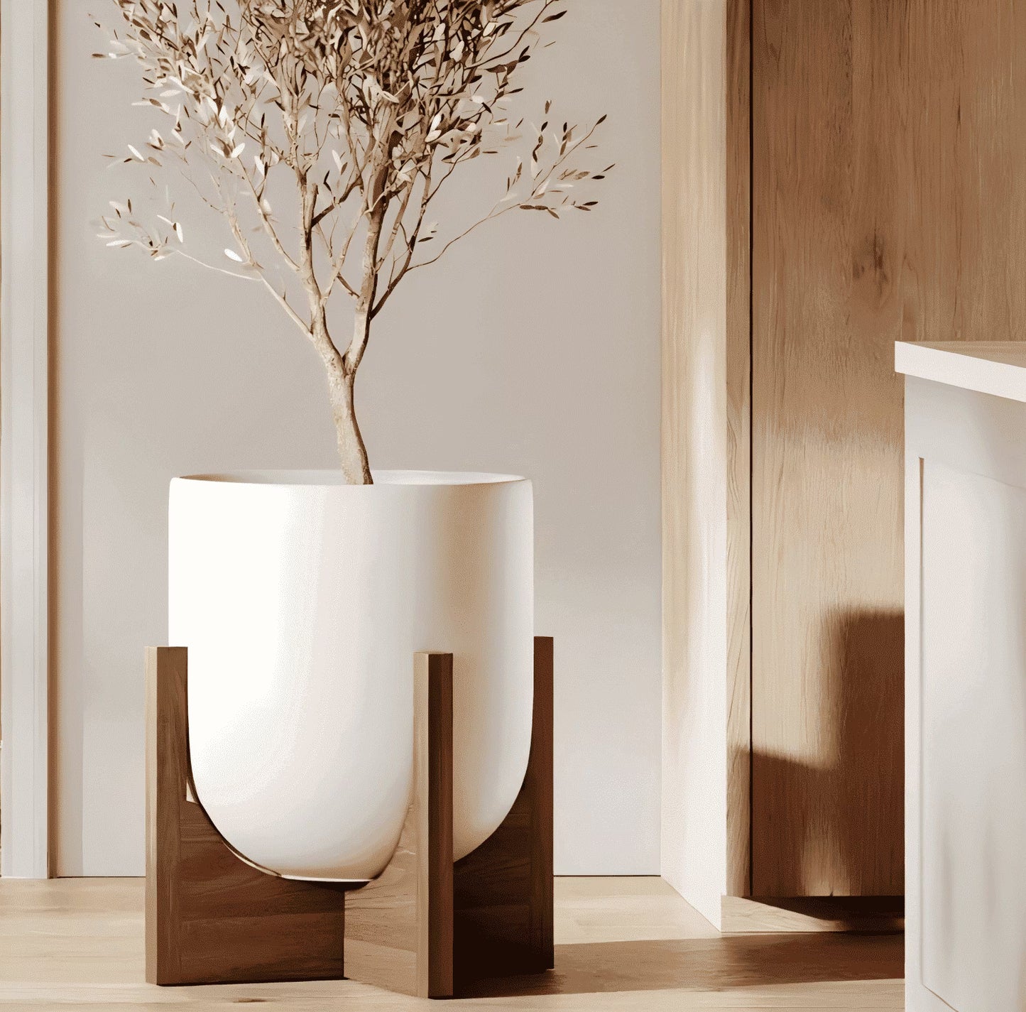 BEMAY 12" White Ceramic Planter with Wood Stand, Large Indoor Plant Pot and Flower Pot for Tall Plants and Houseplants, Mid Century Modern Decor