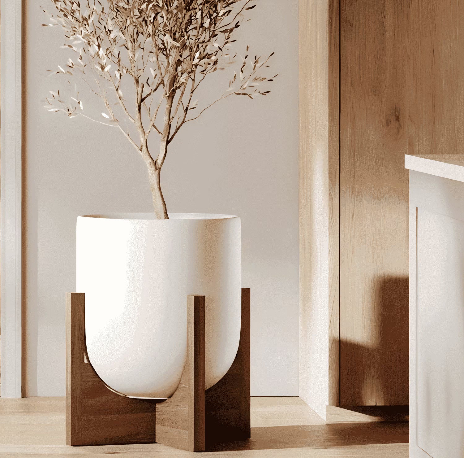 BEMAY 12" White Ceramic Planter with Wood Stand, Large Indoor Plant Pot and Flower Pot for Tall Plants and Houseplants, Mid Century Modern Decor
