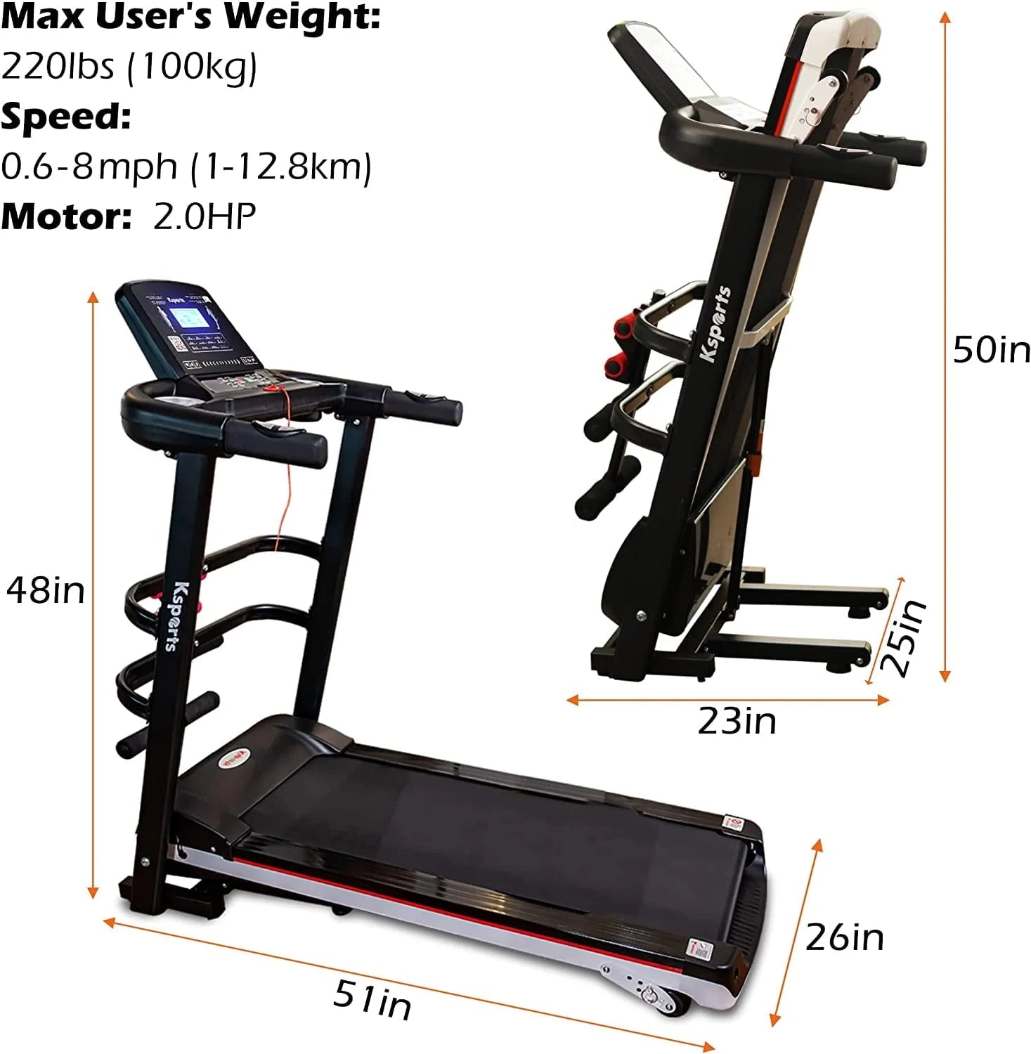 Ksports Treadmill Bundle Comprising of Electric Treadmill with 4 Incline Positions, Pneumatic Folding, Sit Ups Rack, Ab Mat & Dumb Bells with Smart Apps for Home Office Gym or Small Spaces