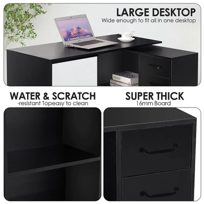 Hoffree 180 Degree Rotating Computer Desk with 2 Open Shelves 68 inch L-Shaped Desk with Drawers & File Cabinet Study Workstation for Home Office & Bedroom, Black/White
