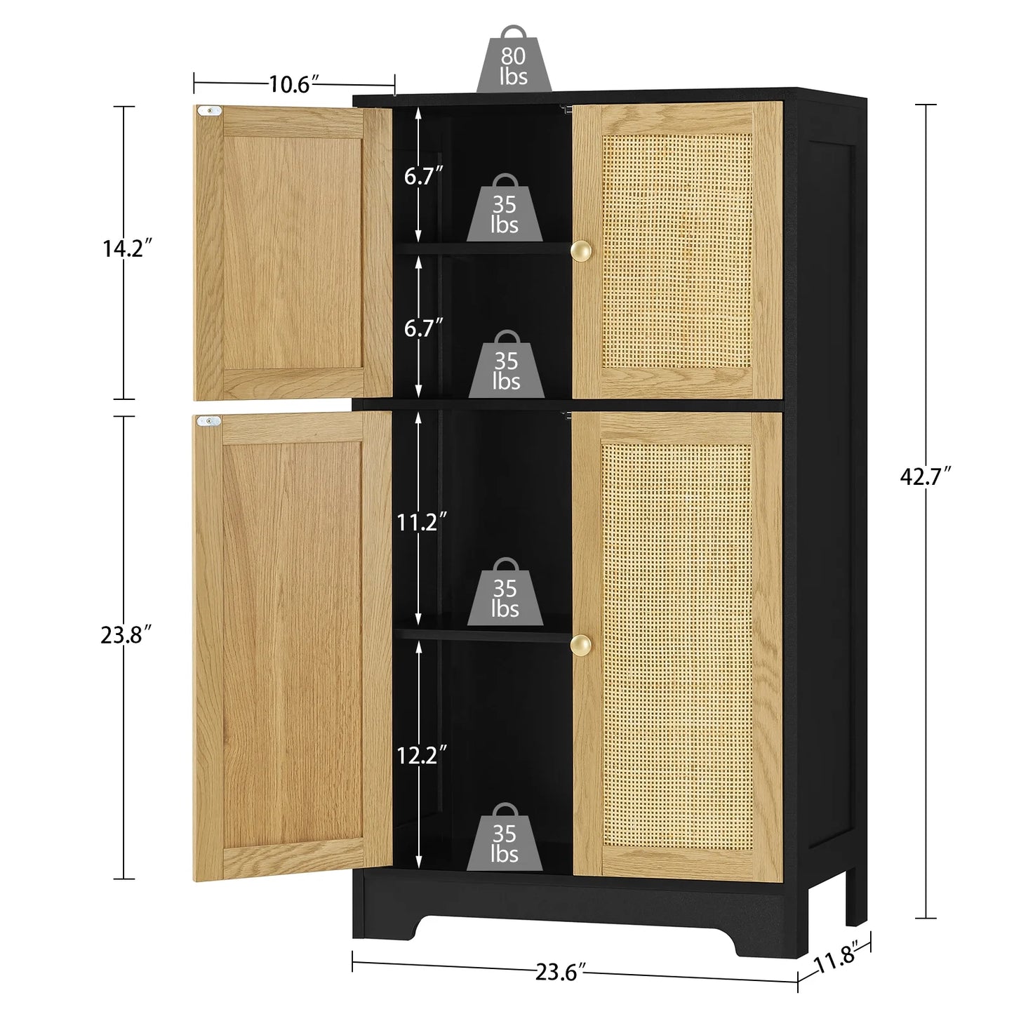 FANGSUM Rattan Cabinet with 4 Doors & Adjustable Shelf, Natural, for Living Room, Home Office