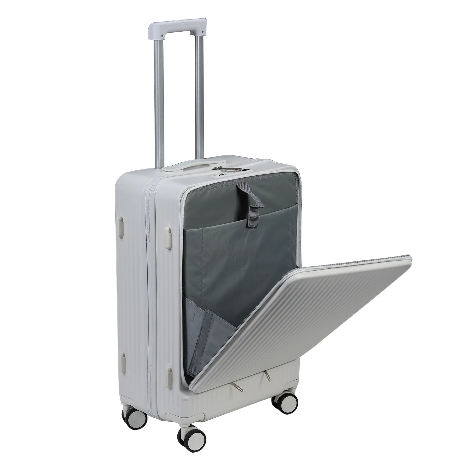 24 Inch Checked Luggage with Front Pocket, USB Charging Port, Built-in lock Carry on Suitcase, Cup Holder and Phone Holder, Medium Hardside Suitcase with Spinner Wheels, White
