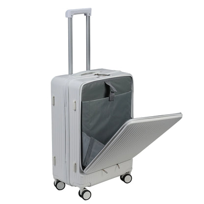 24 Inch Checked Luggage with Front Pocket, USB Charging Port, Built-in lock Carry on Suitcase, Cup Holder and Phone Holder, Medium Hardside Suitcase with Spinner Wheels, White