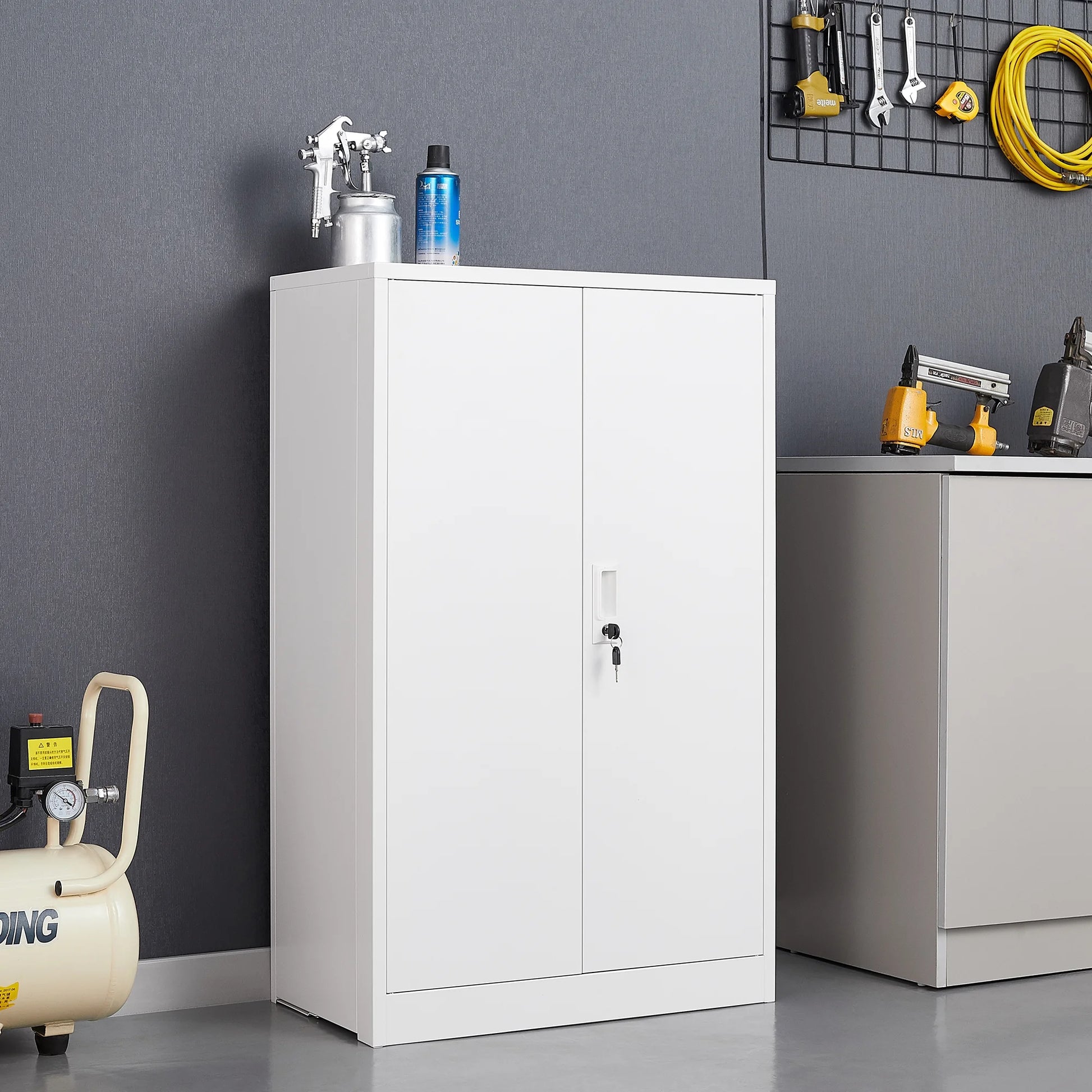 Bellemave Metal Storage Cabinet with Locking Doors and 2 Adjustable Shelf, Folding Filing Storage Cabinet, Lockable File Cabinet Metal Locker for Home Office, School, Garage, White