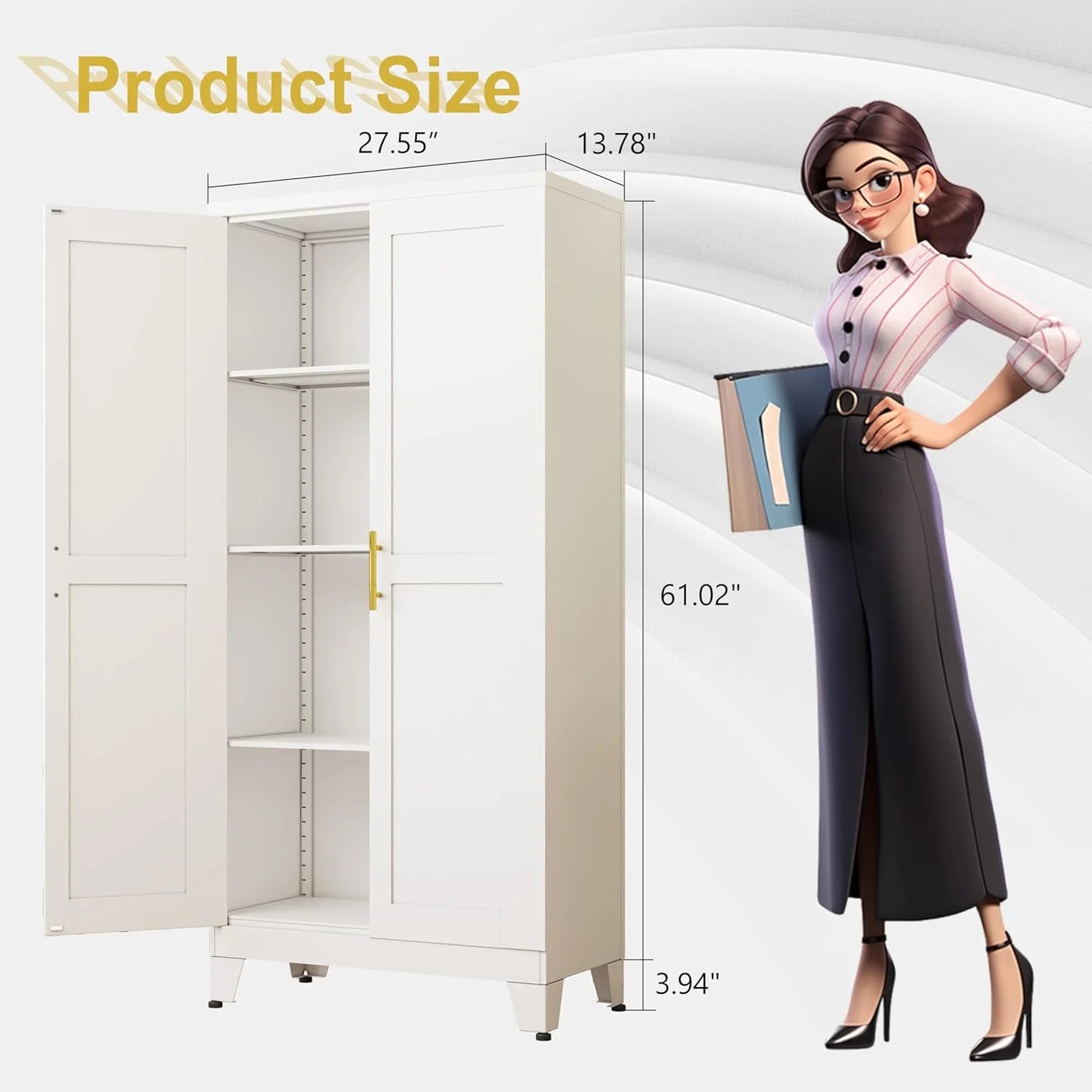 Metal Storage Cabinet - 61" Tall Steel File Cabinets with 2 Doors and 3 Adjustable Shelves Versatile Storage Pantry Cabinet for Home Office Warehouse Garage or Outdoor (White)