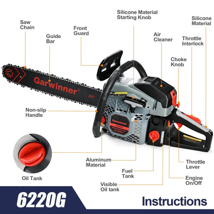Garwinner Chainsaw Gas Powered 20in. 62CC 2-Stroke Gasoline Chainsaw for Trees/Farm/Garden 6220G