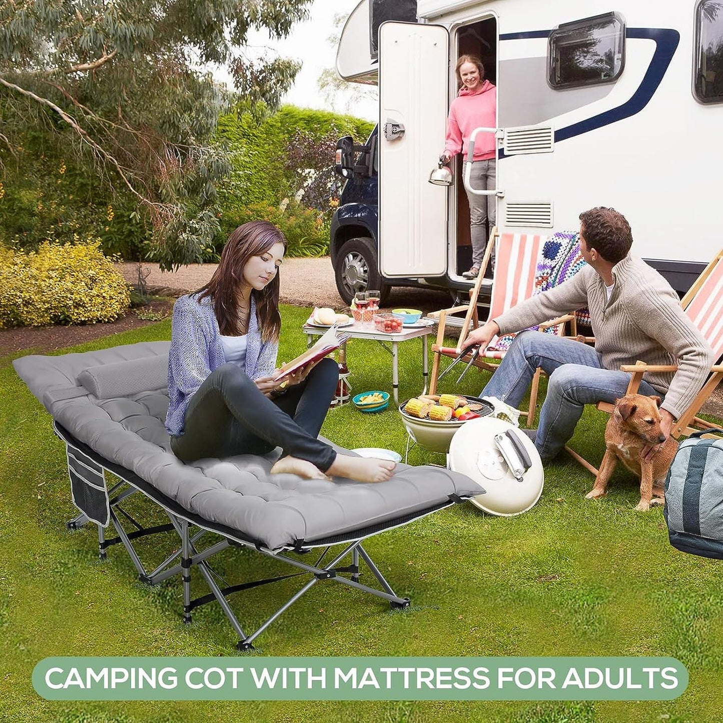NALONE Camping Cots for Adults with 3.5 Inch Extra Thick Mattress, Cots for Sleeping 900 LBS, Folding Cot with Mattress, Heavy Duty Sleeping Cots Camping Bed for Home Office Outdoor(Gray)