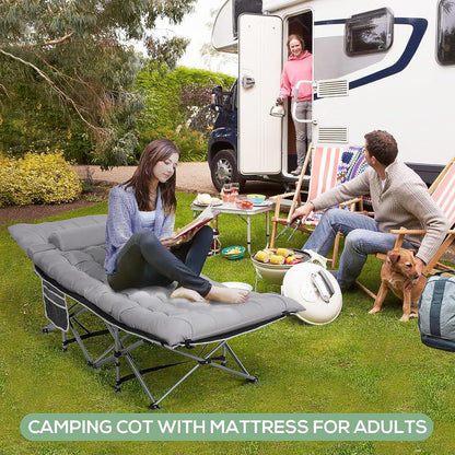 NALONE Camping Cots for Adults with 3.5 Inch Extra Thick Mattress, Cots for Sleeping 900 LBS, Folding Cot with Mattress, Heavy Duty Sleeping Cots Camping Bed for Home Office Outdoor(Gray)