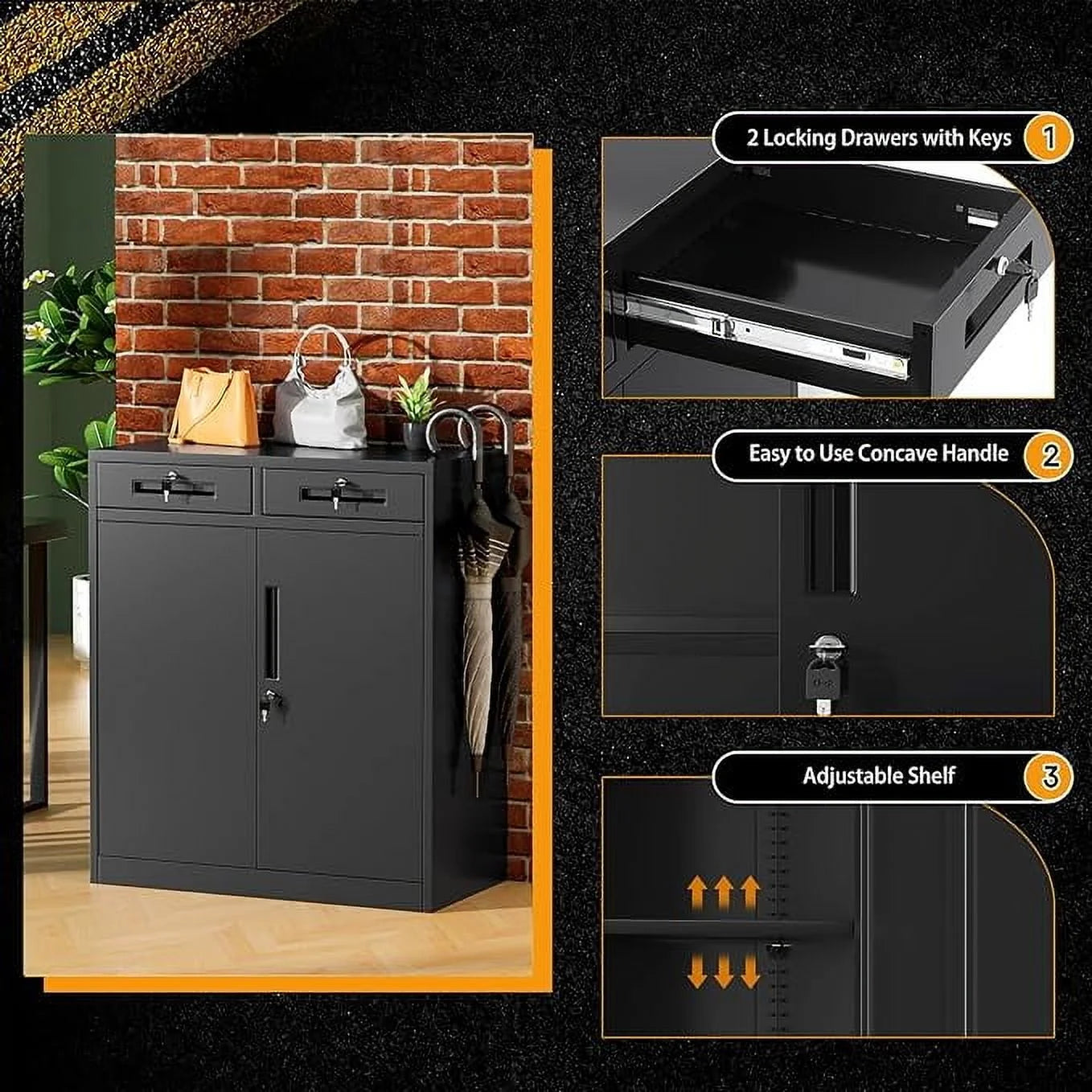 SOLAURA Metal Storage Cabinet with 2 Drawers,36" Black Metal Cabinets with Locking Doors and Adjustable Shelves for Home Office, Garage, Apartment