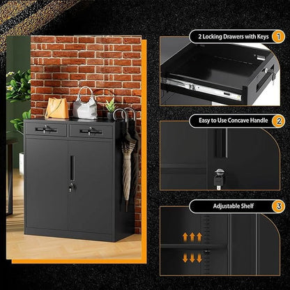 SOLAURA Metal Storage Cabinet with 2 Drawers,36" Black Metal Cabinets with Locking Doors and Adjustable Shelves for Home Office, Garage, Apartment