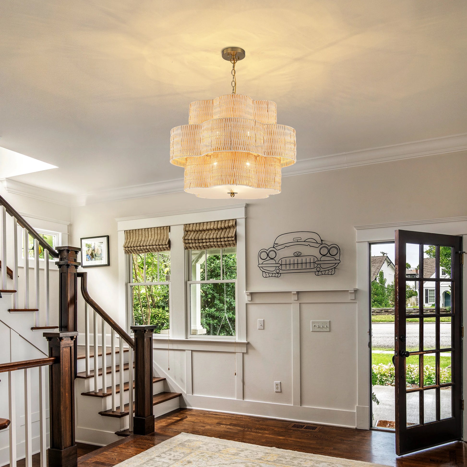 C Cattleya 20" 5-Light Natural Rattan Chandelier with 2-Tier Hand Woven Flower-Shaped Shade