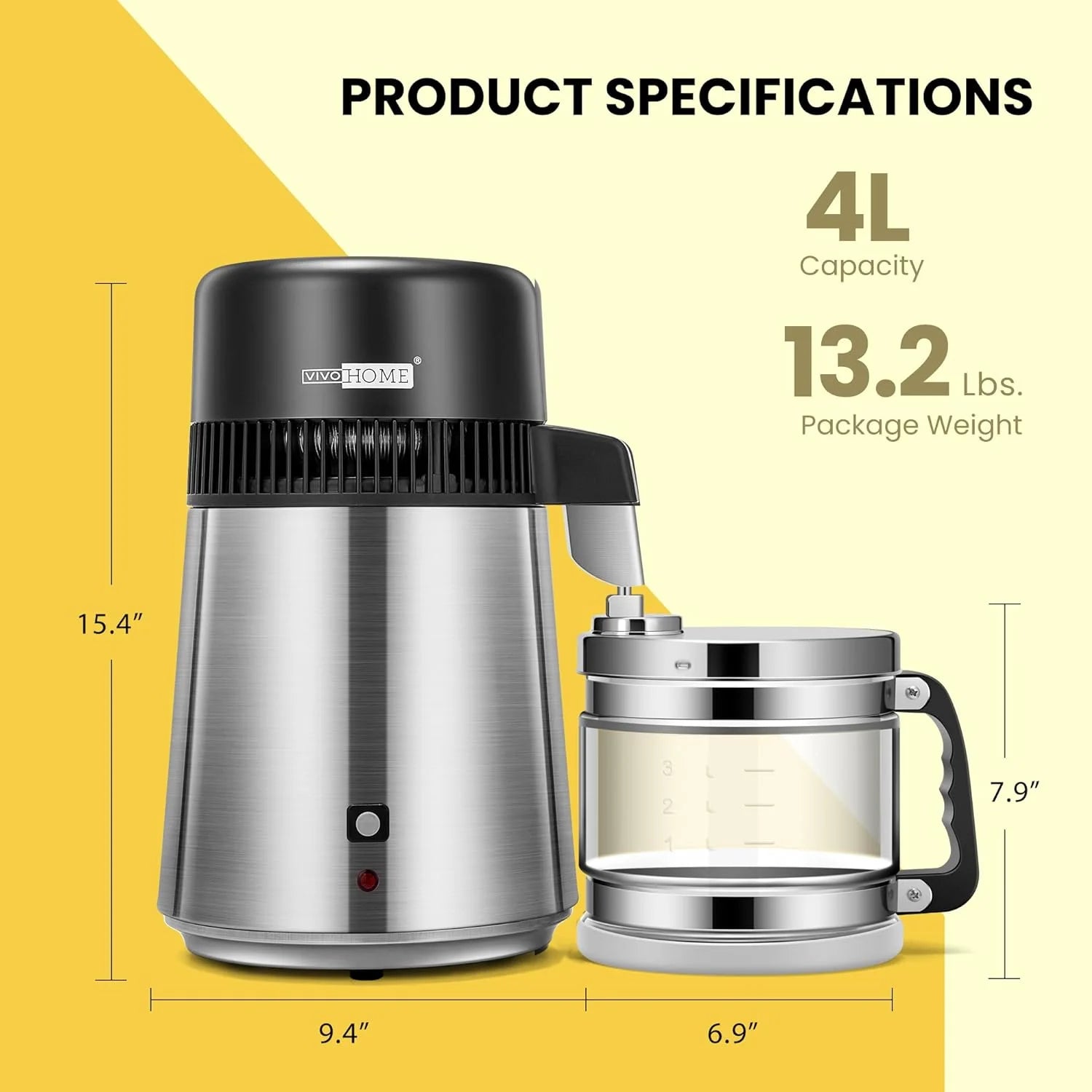 SPECSTAR Water Distiller Countertop 1.1 Gallon/4L 304 Stainless Steel Distilled Water Machine with Smart Switch Purifier Filter for Home Office