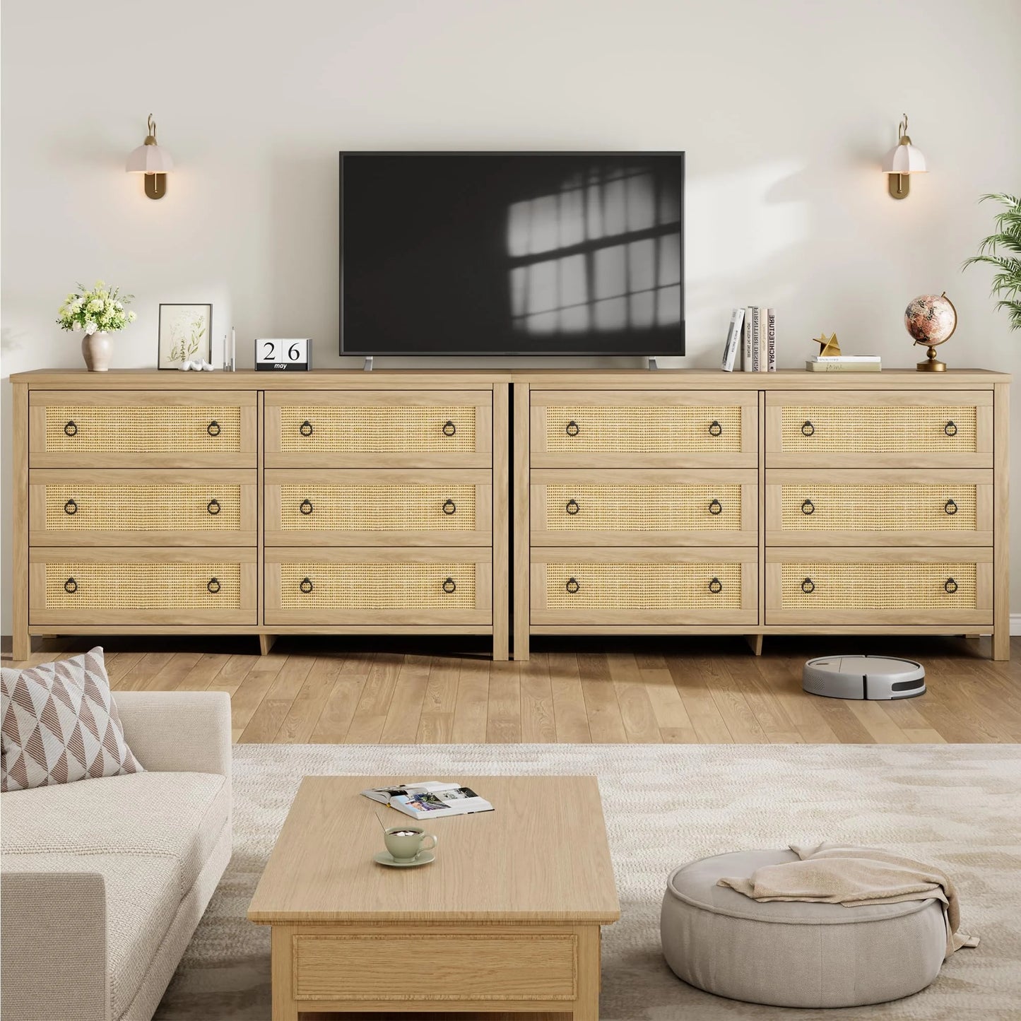 Yeshouse Boho 6-Drawer Dresser with Rattan Accents, Modern Chest of Drawers with Ring Handles & Deep Storage for Bedroom, Living Room
