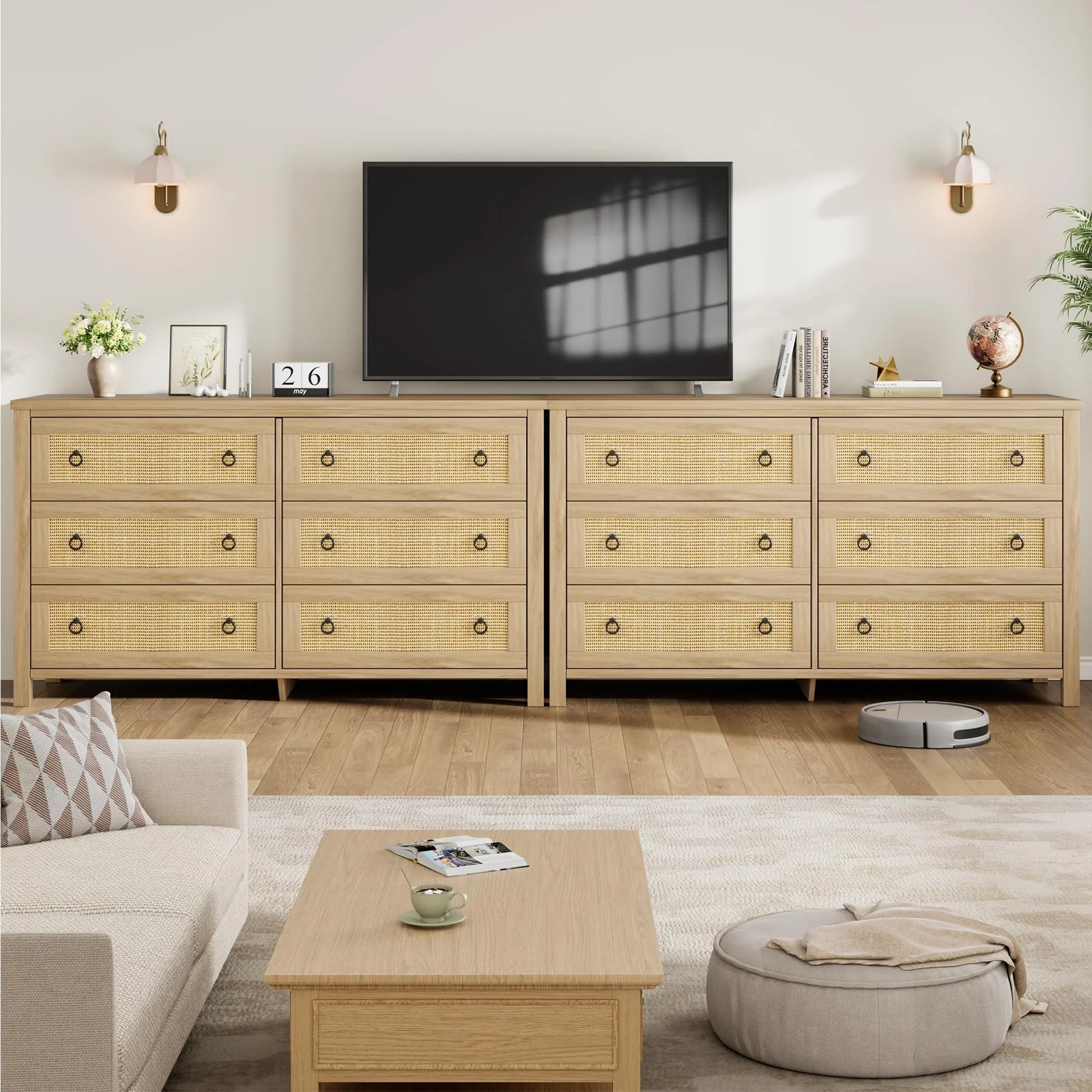 Yeshouse Boho 6-Drawer Dresser with Rattan Accents, Modern Chest of Drawers with Ring Handles & Deep Storage for Bedroom, Living Room
