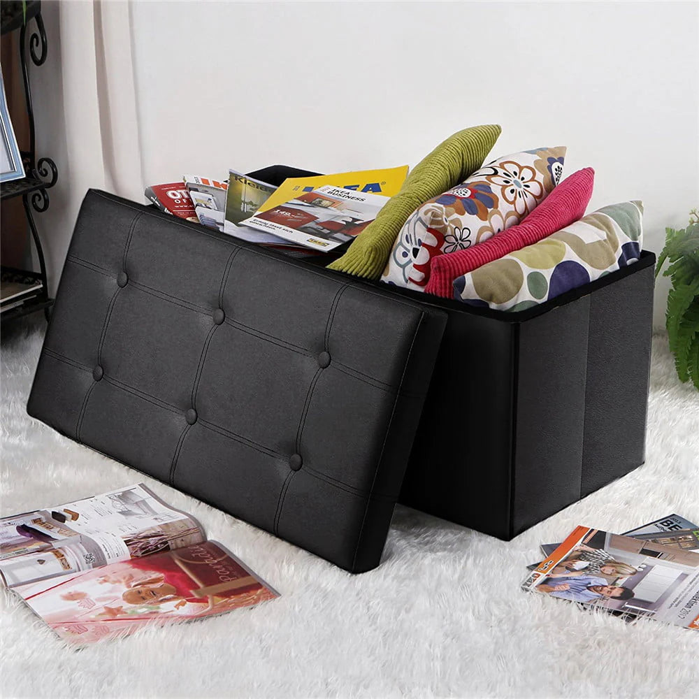 Zimtown Cuboid Leather Ottoman Footstool Pouffe Storage Bench Box Lounge Seat Stool Black