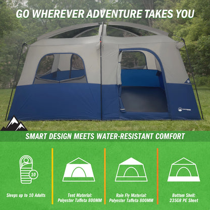 Wakeman Outdoors 10 Person Camping Tent with Room Divider and Rainfly, Navy