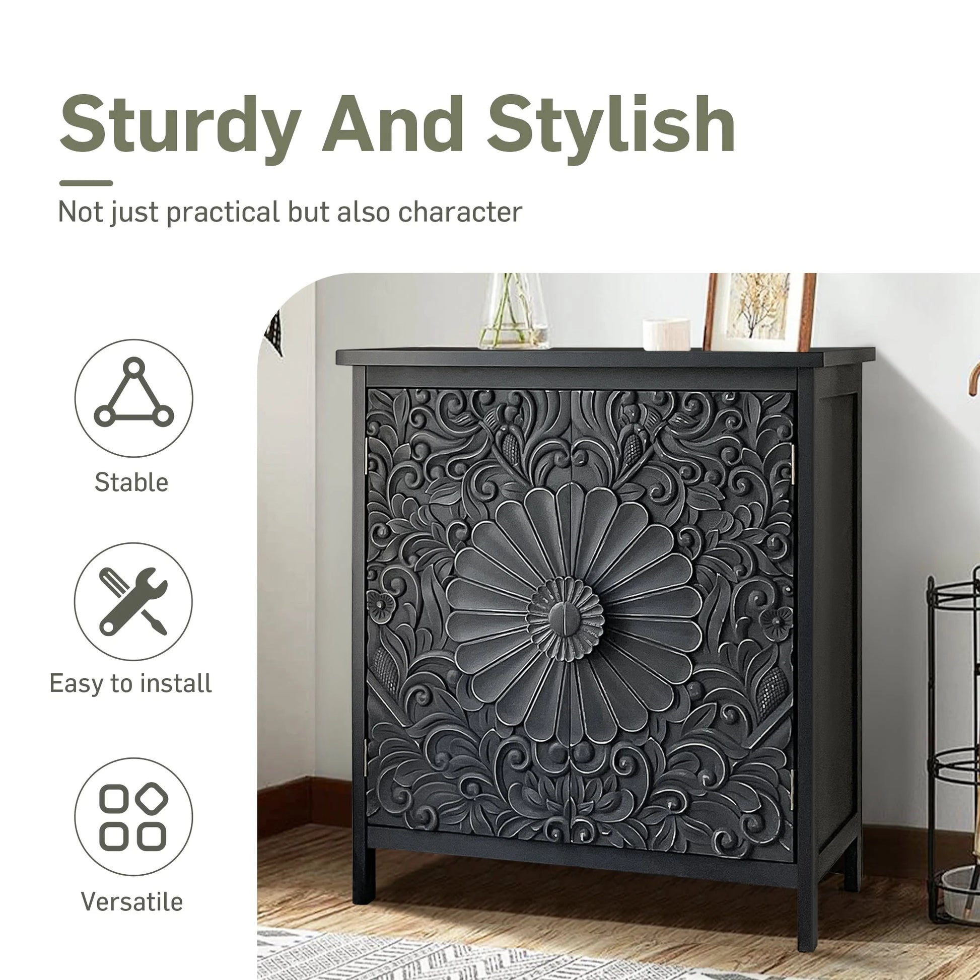 Alpha Joy Storage Cabinet with 2 Doors, Wood Accent Cabinet with Flower Pattern For Living Room, Dining Room, Black