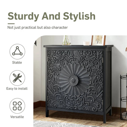 Alpha Joy Storage Cabinet with 2 Doors, Wood Accent Cabinet with Flower Pattern For Living Room, Dining Room, Black