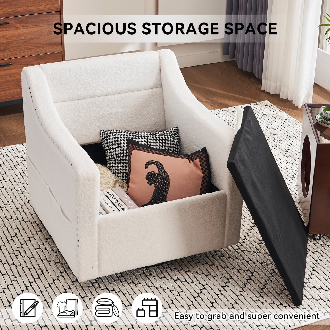 Swivel Barrel Chair, Swivel Accent Chair for Living Room with Storage Seat and Pillow, 360 Degree Swivel Barrel Club Chair, Round Armchairs Nursery, Hotel, Bedroom, Office, Lounge, Ivory White